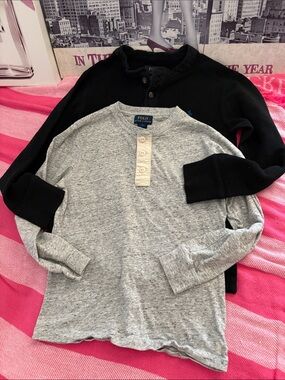 Polo by Ralph Lauren Kids Long Sleeve Henley Shirt - Light Gray & Black